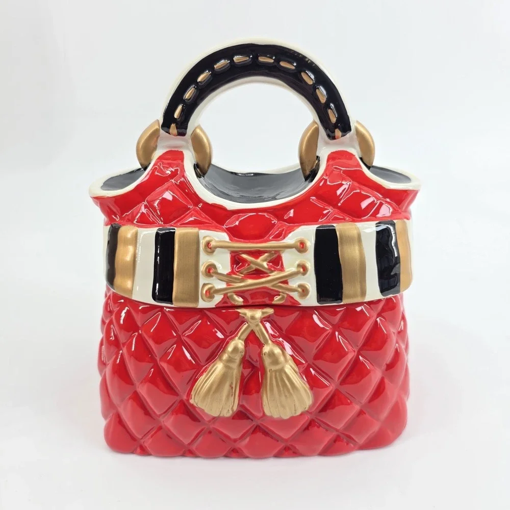 David's Cookies Jar Purse Red Black Gold Quilted Ceramic Cookie Jar, 6.5